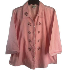 Distinct Long Sleeve‎ Button Front Jeweled Ladybug Blouse Women's Size Large